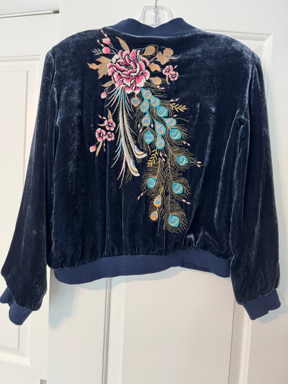 Johnny Was velvet Navy Jacket with Fuchsia & Yellow Embroidered Floral Patch - Picture 2 of 8